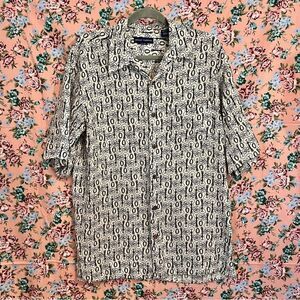 Grant Thomas 100% Silk Off White Black Guitar Floral Hawaiin Shirt Sz L As Is